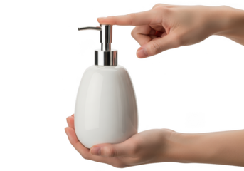 Hand pressing pump dispenser of white soap bottle for hygiene and cleanliness isolated on transparent background