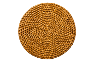 Round woven rattan placemat with a spiral pattern texture isolated on transparent background