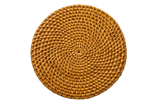 Round woven rattan placemat with a spiral pattern texture isolated on transparent background