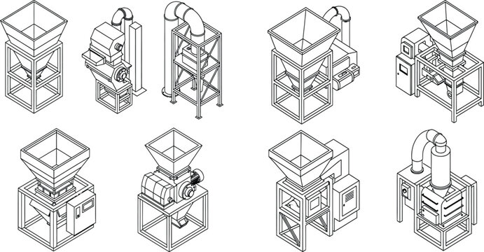 Collection of isometric line illustrations showing various industrial processing machines and manufacturing equipment