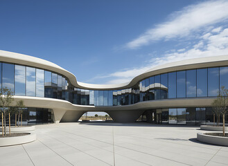 Abstract architecture, architectural background, Curved glass building for car presentation backdrop with empty concrete floor, 3d rendering, Futuristic / Modern Architectural Design