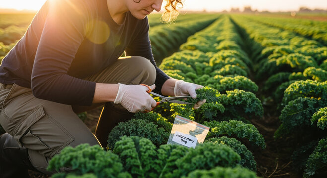 Focused female scientist conducting clinical research in field for lab. She collects green plant sample for nutrition analysis during beautiful agricultural sunset