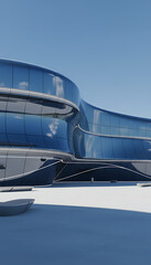 Abstract architecture, architectural background, Curved glass building for car presentation backdrop with empty concrete floor, 3d rendering, Futuristic / Modern Architectural Design