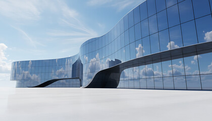 Abstract architecture, architectural background, Curved glass building for car presentation backdrop with empty concrete floor, 3d rendering, Futuristic / Modern Architectural Design