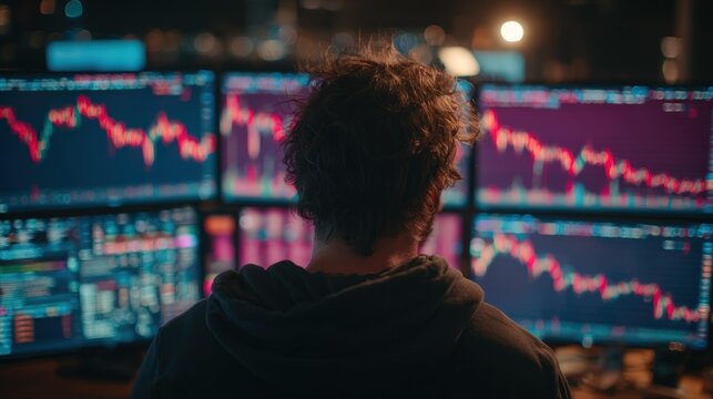 Intense over the shoulder view of a stock trader examining financial data on multiple computer screens, trading and investment concepts, market analysis