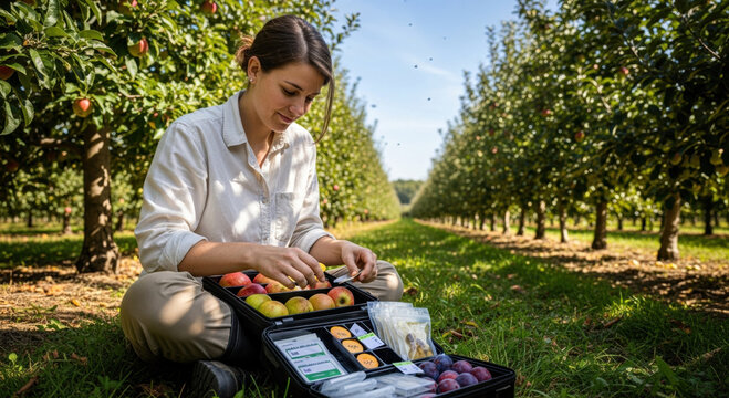 Focused scientist conducts clinical research on fruit nutrition with portable lab kit in an apple orchard. An agricultural expert checks quality for food science development