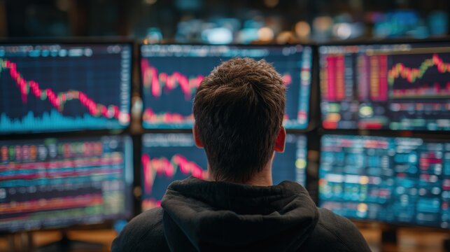 Over the shoulder view of a trader intently monitoring stock market trends on multiple computer monitors in a trading environment, finance concept.