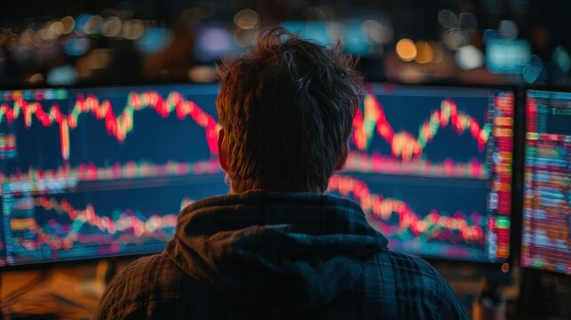 Over the shoulder view of a trader intently monitoring stock market charts displayed on multiple computer monitors in a dimly lit trading room. Focus on financial analysis.