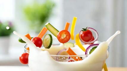 Fresh healthy salad ingredients falling into glass bowl on kitchen table - Powered by Adobe