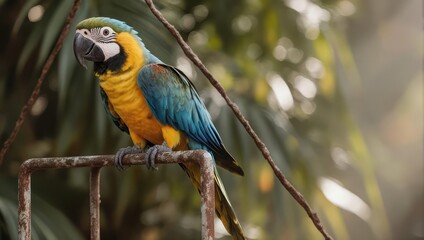 Obraz premium Vibrant Blue and Gold Macaw Perched on Metal Structure.