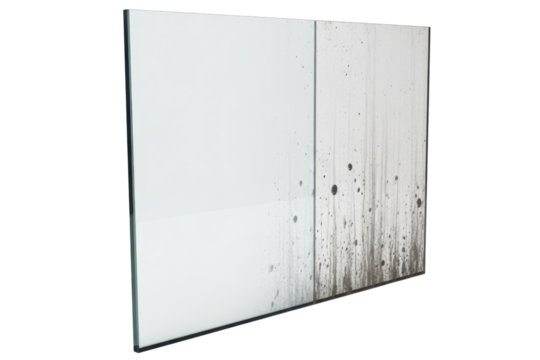 Dirty glass window panes with dirt splatters isolated on transparent background