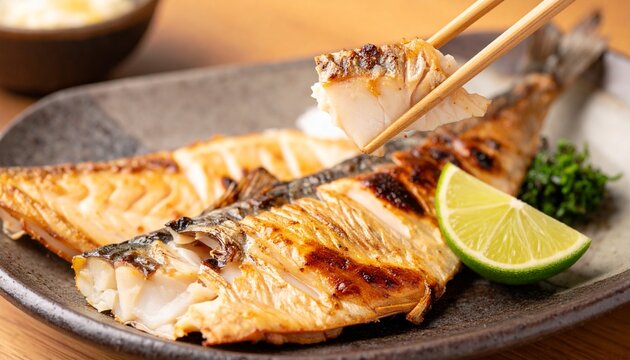 すだちが添えられた焼きサバが香ばしく焼けた和食の定番家庭料理シーン