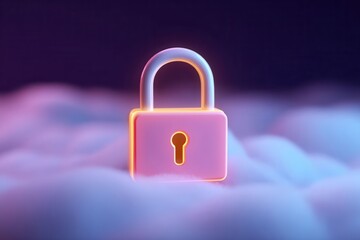 Holographic Padlock Icon Floating in a Dreamy Cloud Background