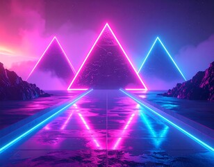 Futuristic landscape featuring glowing neon triangles and a reflective surface