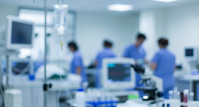 Blurred hospital scene with medical equipment in the foreground, including monitors, IV stand, and microscope. Nurses in blue scrubs work in the background. - Powered by Adobe