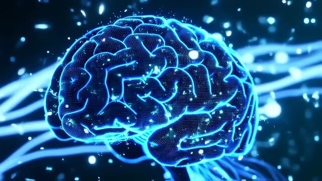 Glowing blue brain model with neural pathways and dot grid effect