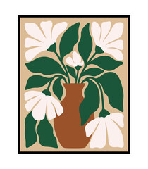 Large white flowers in decorative pot with bold leafy silhouettes modern vector art