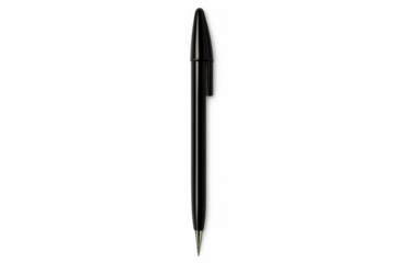 Black plastic ballpoint pen with cap and clip for writing, drawing, and office supplies, isolated on transparent background