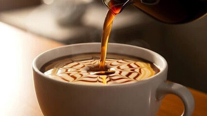 Freshly brewed coffee pouring into a cup with artistic latte art design - Powered by Adobe