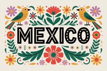 Mexico word art with colorful flowers and birds illustration