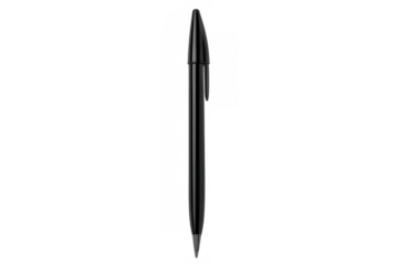 Black ballpoint pen standing vertically, writing tool for office work, school, and stationery needs, transparent background