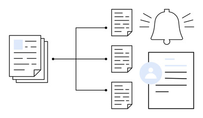 Documents split into smaller units, leading to a notification bell and user profile document. Ideal for task management, automation, workflow, organization, digital processes, communication, simple