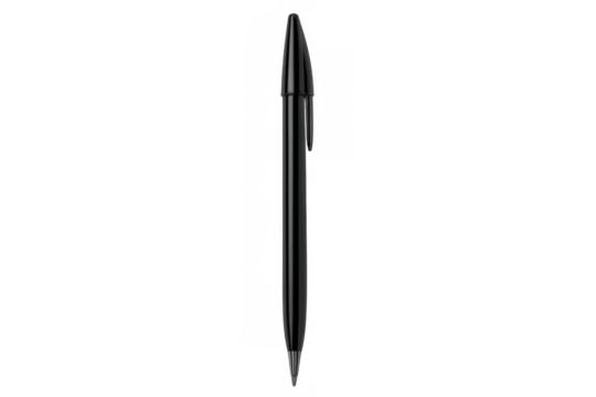 Black ballpoint pen standing vertically, writing tool for office work, school, and stationery needs, transparent background