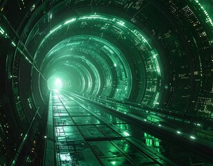 Futuristic digital tunnel with glowing green lights