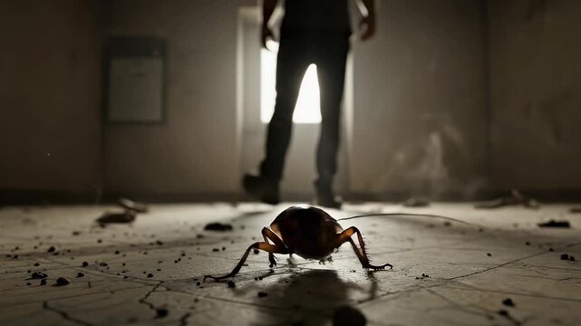 A large, detailed insect, likely a cockroach, is prominently featured in a low-angle shot on a dirty, cracked floor, suggesting an unkempt or abandoned urban environment. In the background, a human si