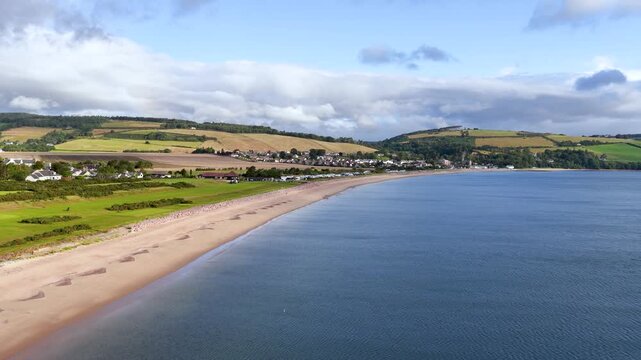Aerial Flyover of Rosemarkie Beach and Coastal Village, Scotland