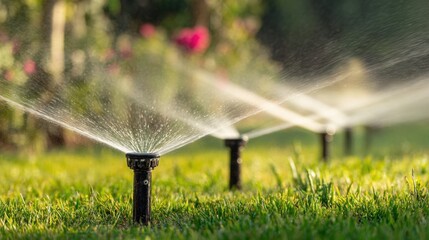 A row of garden sprinklers watering a lush green lawn on a sunny day to maintain healthy grass and plants