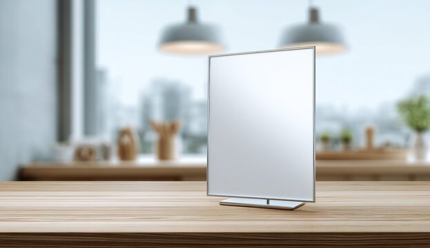 A blank white A4-sized card stand with a thin silver metal frame, standing on the wooden counter : Generative AI. High quality