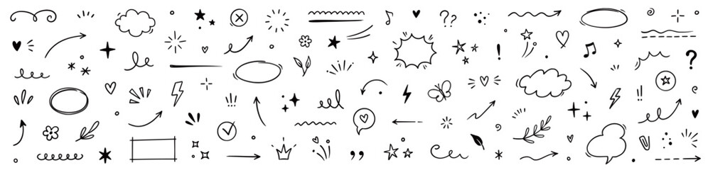 Fototapeta na wymiar Cute line sketch star, arrow, heart design element icon set. Hand drawn sketch doodle cute star, heart, flower element. Line text decoration scribble decoration icon. Hand drawn Vector illustration