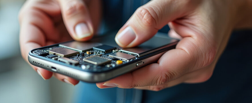 close-up hands inspecting phone internals for water damage and connector faults, using small tools to probe