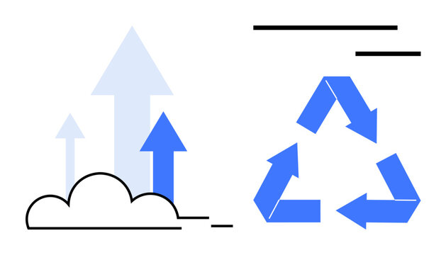 Arrows emerging from a cloud signify growth and progress triangular arrows depict recycling. Ideal for sustainability, eco-awareness, growth, innovation, progress, environmental goals