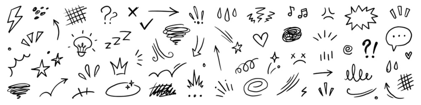 Line hand drawn cute movement element effect sketch shape. Hand drawn cute doodle line motion element arrow, emphasis, shock emotion, sparkle. Motion cartoon emoticon chalk icon. Vector illustration