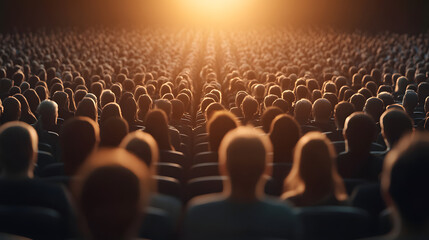 Obraz premium Silhouettes of a large audience seated in rows facing bright sunlight or stage lights