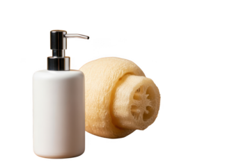 White soap dispenser and natural loofah sponge for body care and hygiene isolated on transparent background