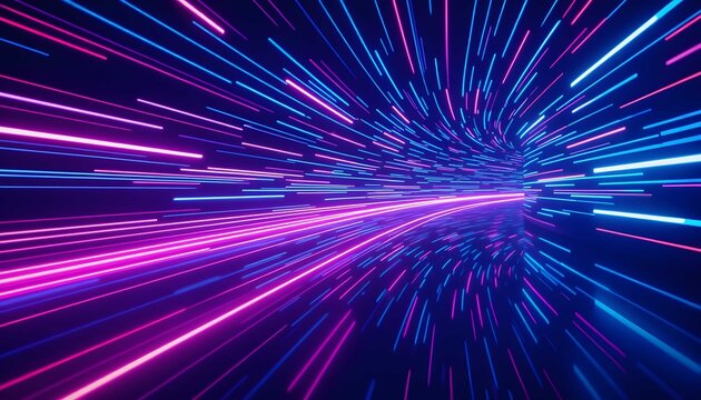 3D futuristic tunnel with speed light streaks glowing across dark space