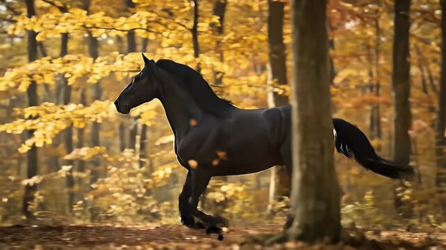 A majestic dark horse gallops gracefully through a sun-drenched autumn forest, its powerful stride kicking up a subtle trail of fallen leaves. Golden foliage adorns the tall trees and blankets the woo