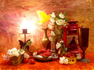 Elegant table setting, berries, flowers, dishes. Evening romantic still life on a red background, candle in a candlestick. Romance, flowers, elegance, flair. Antique brass items