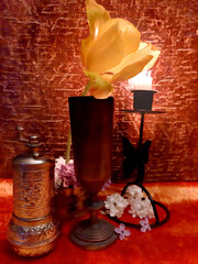 Tulip and lilac, antique dishes. Evening romantic still life on a red background, candle in a candlestick. Romance, flowers, elegance, flair. Antique brass items