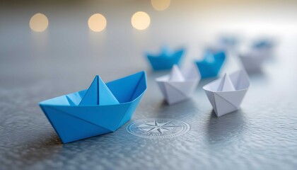 Origami ship sailing a journey to goal on an abstract water surface