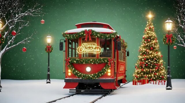 Festive red christmas trolley adorned with lights and garlands amidst a snowy winter wonderland scene