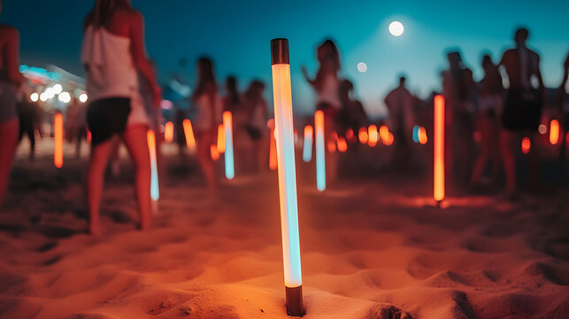 Illuminated light sticks mark a sandy beach gathering at night with blurred silhouettes of people dancing
