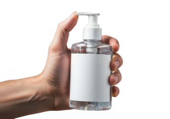 Hand holding a clear bottle of hand sanitizer with blank label, isolated on black isolated on transparent background