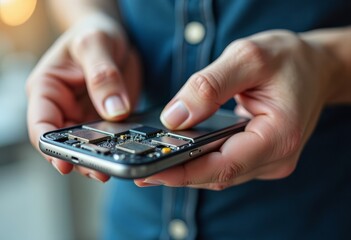 close-up hands holding opened smartphone motherboard, using tweezers to adjust tiny connector