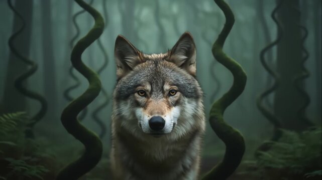 A graceful gray wolf walks among futuristic intertwined green plants in a surreal forest. Soft light emphasizes the beauty of the wild animal, the concept of mystery and wild nature