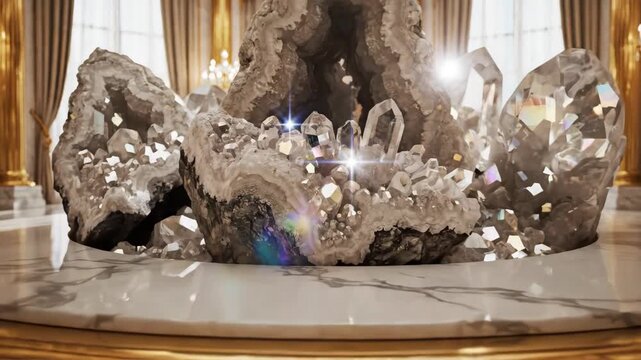 Crystal geode display on marble table.