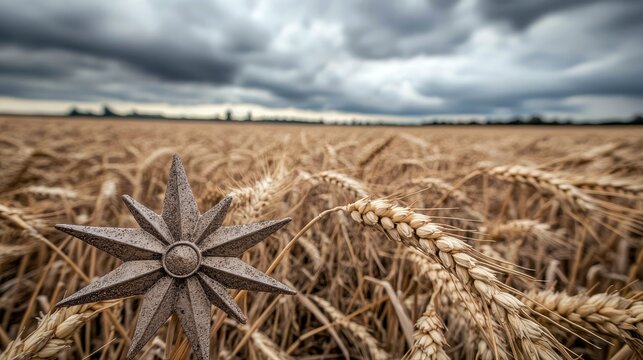 A weathered, star-shaped ornament stands prominently in a golden wheat field, with a dramatic, cloudy sky overhead. The focus is on the textured detail of the o